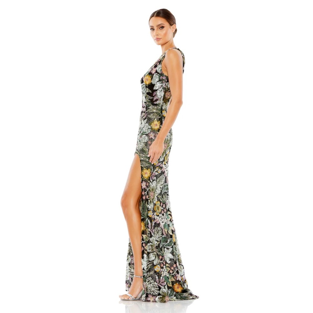 Mac Duggal Floral One-Shoulder Maxi Dress - Green and Gold - Picture 4 of 7